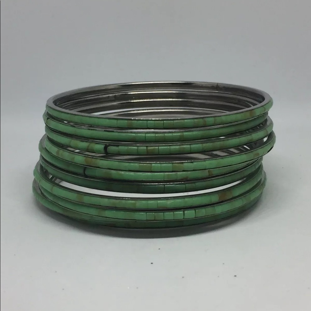 Stack Of 10 Bangles Bracelets Inlaid She’ll Handmade Turquoise - Picture 10 of 14